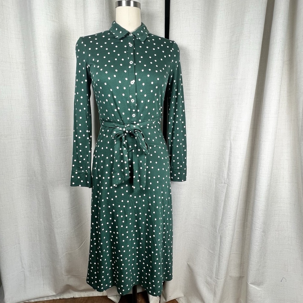 Boden Marcia Green Polka Dot Jersey Shirt Dress Long Sleeve Midi Belted Sz 6R